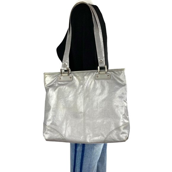 Vintage 90s metallic silver coated canvas, lined maxi tote bag 12" x 13" - Picture 3 of 9